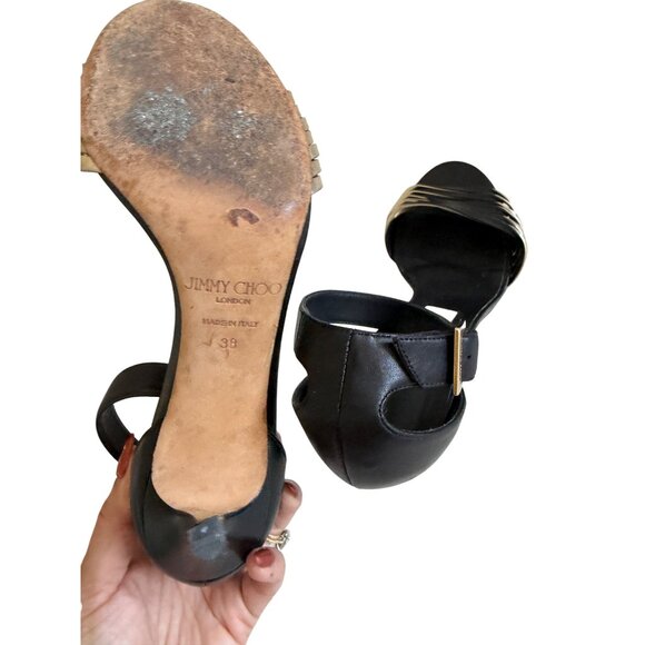 JIMMY CHOO Black Gold Leather Ankle Strap Sandals Heels Size 38/ US 8 - Picture 6 of 8